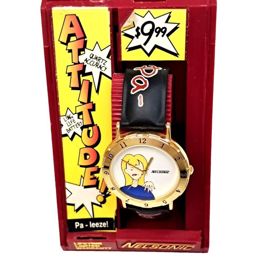 Nelsonic Vintage 90s Quartz Watch Women OS Black NEW Cartoon Pa-Leeze ATT01A